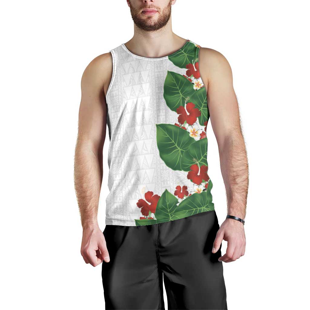 Hawaiian Taro Leaves-Hibiscus and Plumeria Men Tank Top Polynesian Art-Kakau Tattoo White LT03 - Polynesian Pride