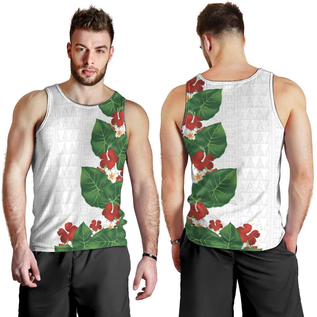 Hawaiian Taro Leaves-Hibiscus and Plumeria Men Tank Top Polynesian Art-Kakau Tattoo White LT03 - Polynesian Pride