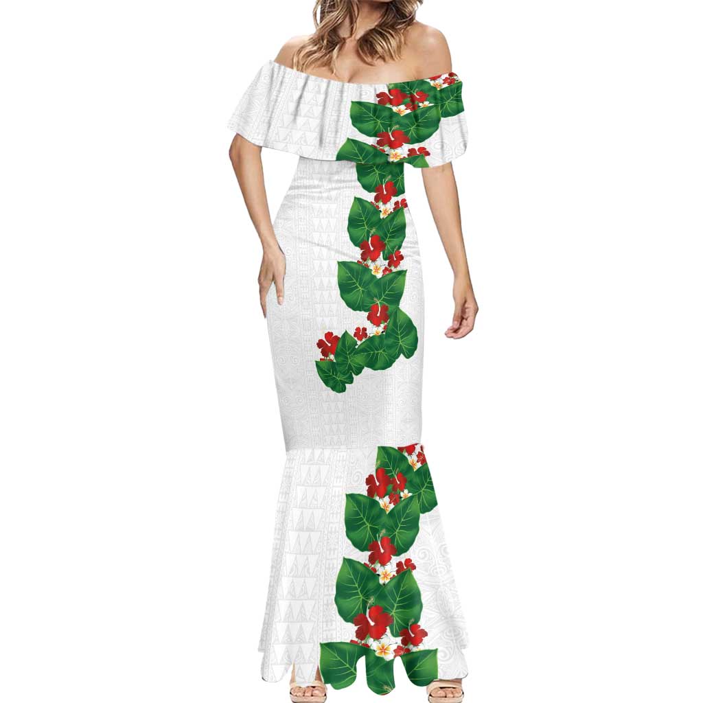 Hawaiian Taro Leaves-Hibiscus and Plumeria Mermaid Dress Polynesian Art-Kakau Tattoo White