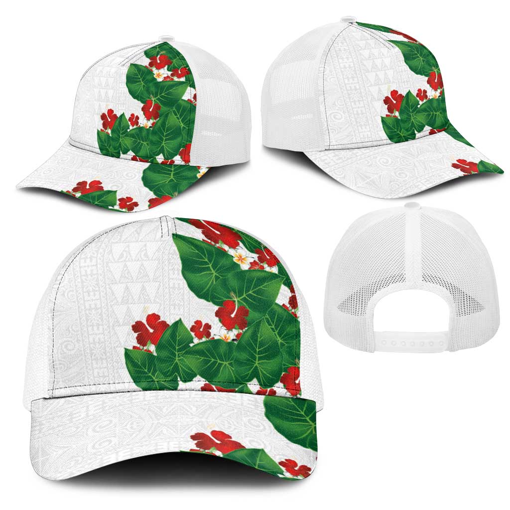 Hawaiian Taro Leaves-Hibiscus and Plumeria Mesh Trucker Cap Polynesian Art-Kakau Tattoo White LT03 - Polynesian Pride