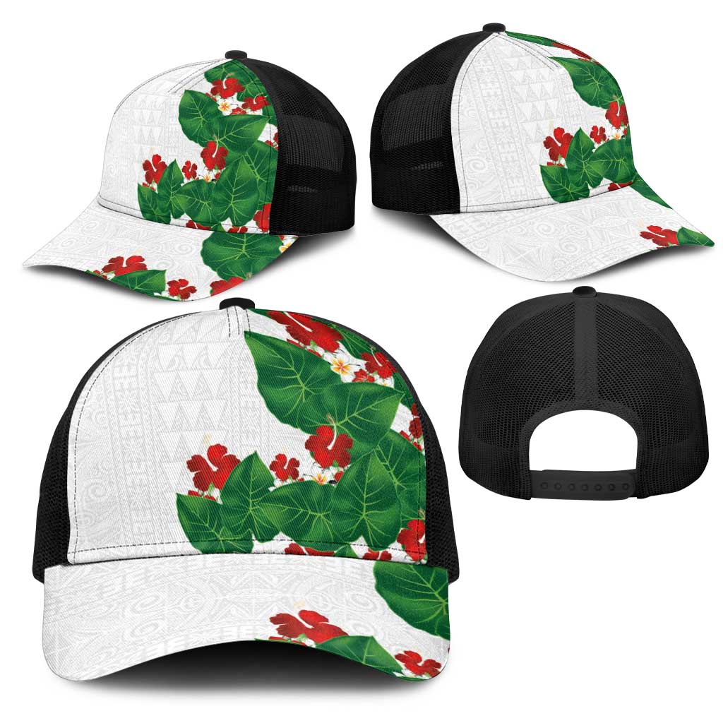 Hawaiian Taro Leaves-Hibiscus and Plumeria Mesh Trucker Cap Polynesian Art-Kakau Tattoo White LT03 - Polynesian Pride