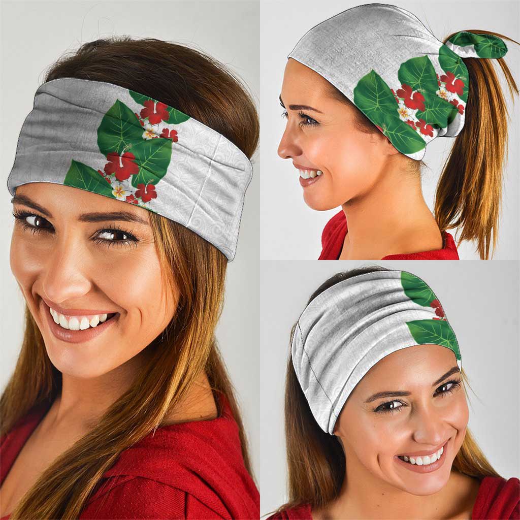 Hawaiian Taro Leaves-Hibiscus and Plumeria Neck Gaiter Polynesian Art-Kakau Tattoo White LT03 - Polynesian Pride