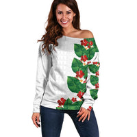 Hawaiian Taro Leaves-Hibiscus and Plumeria Off Shoulder Sweater Polynesian Art-Kakau Tattoo White LT03 Women White - Polynesian Pride
