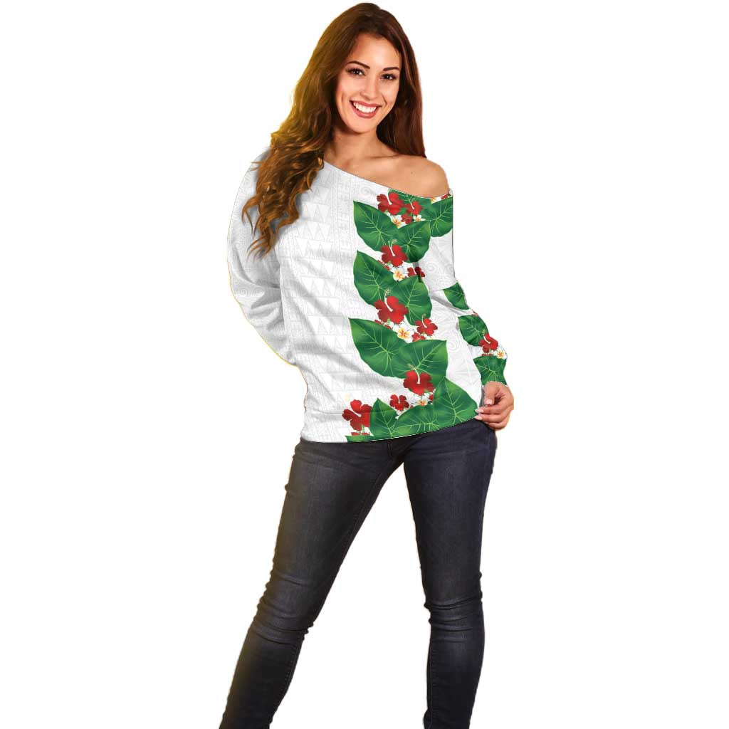 Hawaiian Taro Leaves-Hibiscus and Plumeria Off Shoulder Sweater Polynesian Art-Kakau Tattoo White LT03 - Polynesian Pride