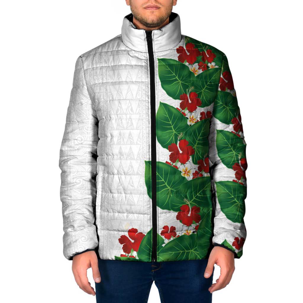 Hawaiian Taro Leaves-Hibiscus and Plumeria Padded Jacket Polynesian Art-Kakau Tattoo White LT03 Men White - Polynesian Pride