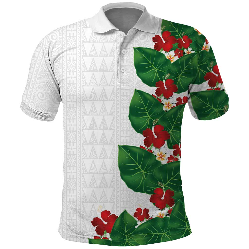 Hawaiian Taro Leaves-Hibiscus and Plumeria Polo Shirt Polynesian Art-Kakau Tattoo White