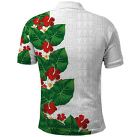 Hawaiian Taro Leaves-Hibiscus and Plumeria Polo Shirt Polynesian Art-Kakau Tattoo White