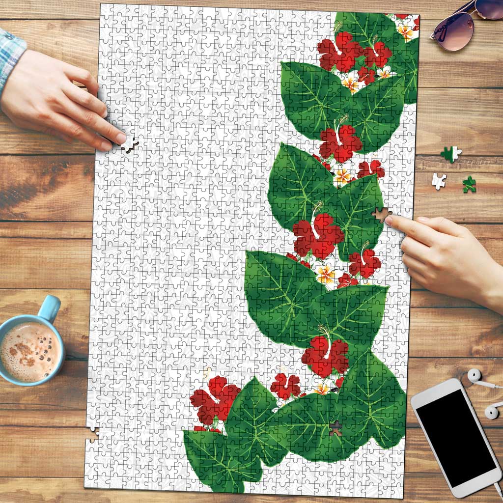 Hawaiian Taro Leaves-Hibiscus and Plumeria Puzzle Polynesian Art-Kakau Tattoo White LT03 White - Polynesian Pride