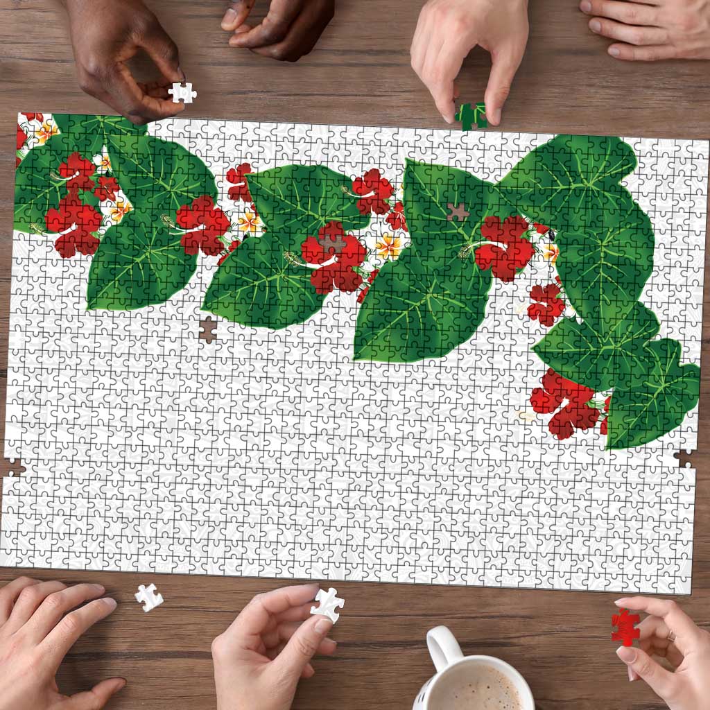 Hawaiian Taro Leaves-Hibiscus and Plumeria Puzzle Polynesian Art-Kakau Tattoo White LT03 - Polynesian Pride
