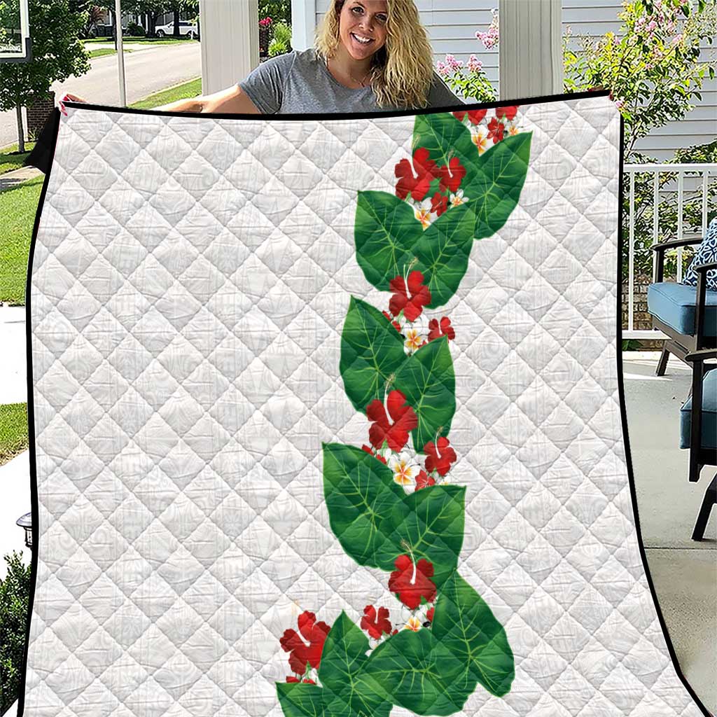 Hawaiian Taro Leaves-Hibiscus and Plumeria Quilt Polynesian Art-Kakau Tattoo White LT03 White - Polynesian Pride
