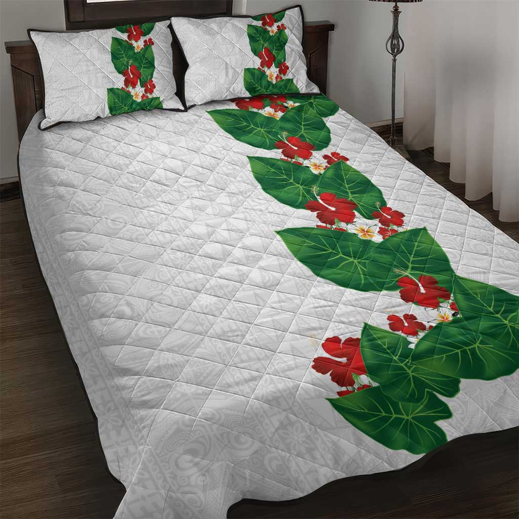 Hawaiian Taro Leaves-Hibiscus and Plumeria Quilt Bed Set Polynesian Art-Kakau Tattoo White LT03 White - Polynesian Pride