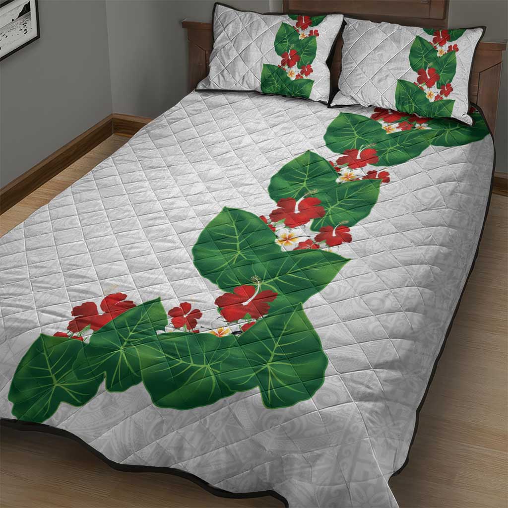 Hawaiian Taro Leaves-Hibiscus and Plumeria Quilt Bed Set Polynesian Art-Kakau Tattoo White LT03 - Polynesian Pride