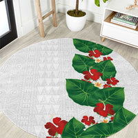 Hawaiian Taro Leaves-Hibiscus and Plumeria Round Carpet Polynesian Art-Kakau Tattoo White LT03 White - Polynesian Pride