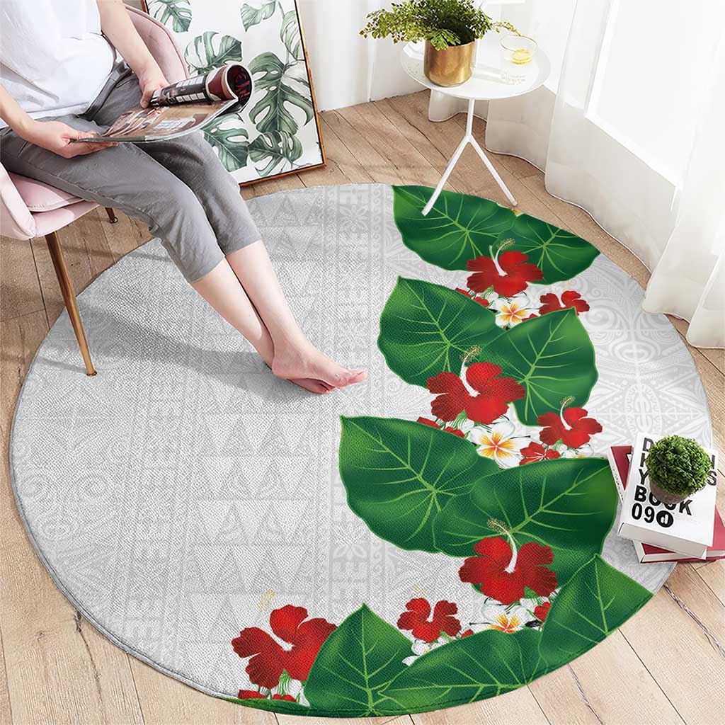 Hawaiian Taro Leaves-Hibiscus and Plumeria Round Carpet Polynesian Art-Kakau Tattoo White LT03 - Polynesian Pride