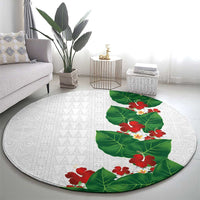 Hawaiian Taro Leaves-Hibiscus and Plumeria Round Carpet Polynesian Art-Kakau Tattoo White LT03 - Polynesian Pride