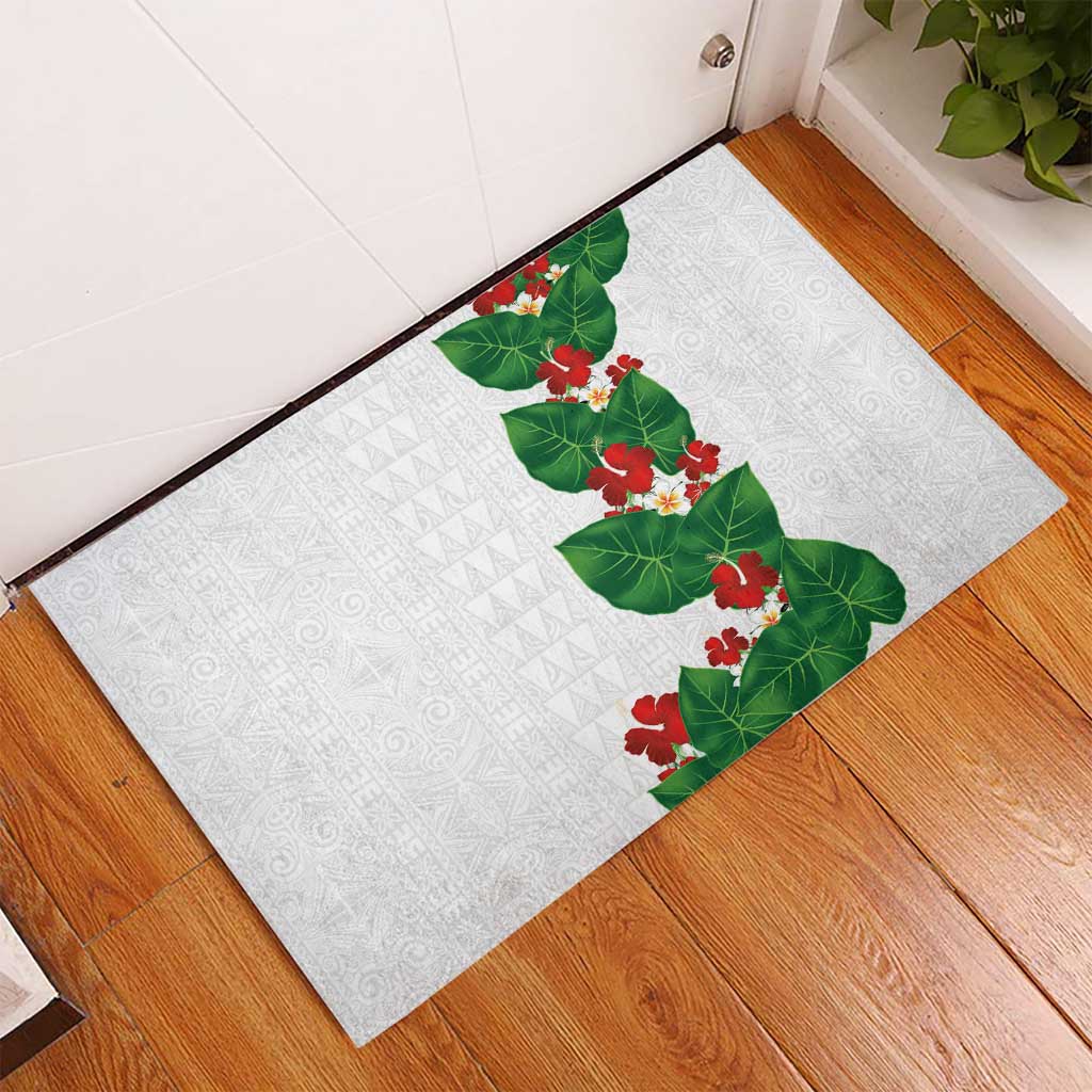 Hawaiian Taro Leaves-Hibiscus and Plumeria Rubber Doormat Polynesian Art-Kakau Tattoo White LT03 - Polynesian Pride