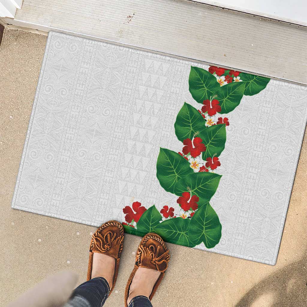 Hawaiian Taro Leaves-Hibiscus and Plumeria Rubber Doormat Polynesian Art-Kakau Tattoo White LT03 - Polynesian Pride