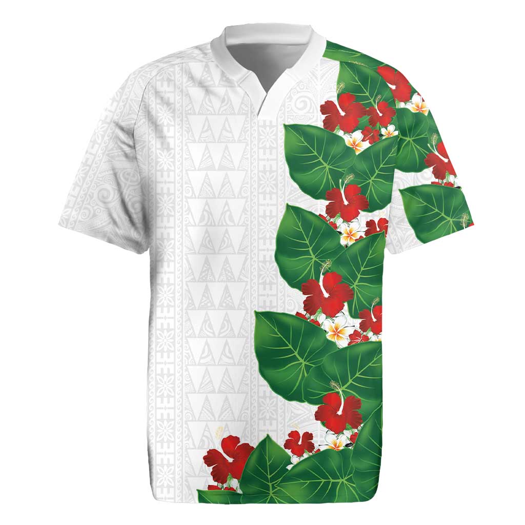 Hawaiian Taro Leaves-Hibiscus and Plumeria Rugby Jersey Polynesian Art-Kakau Tattoo White LT03 White - Polynesian Pride