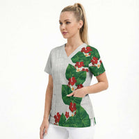 Hawaiian Taro Leaves-Hibiscus and Plumeria Scrub Top Polynesian Art-Kakau Tattoo White LT03 - Polynesian Pride