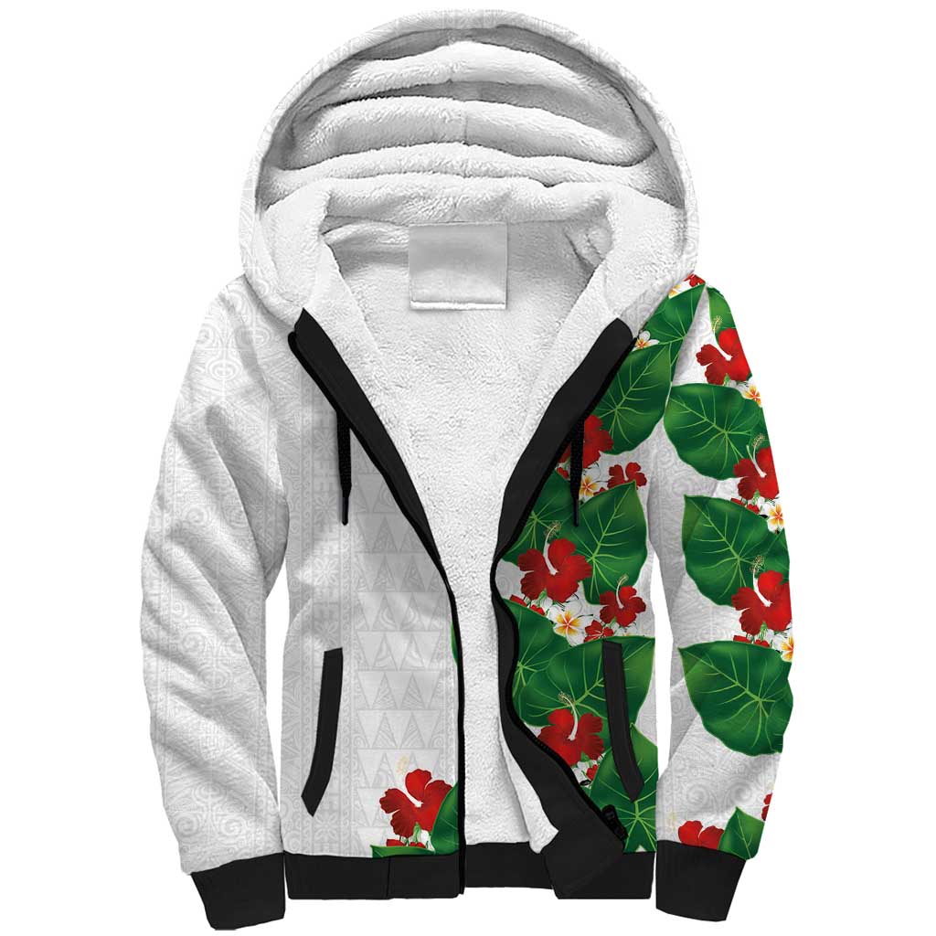 Hawaiian Taro Leaves-Hibiscus and Plumeria Sherpa Hoodie Polynesian Art-Kakau Tattoo White
