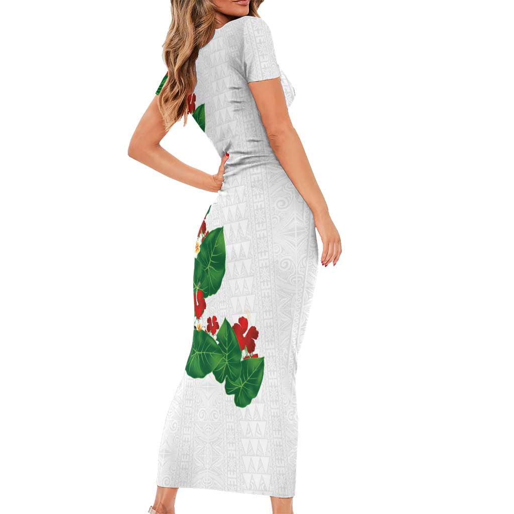 Hawaiian Taro Leaves-Hibiscus and Plumeria Short Sleeve Bodycon Dress Polynesian Art-Kakau Tattoo White