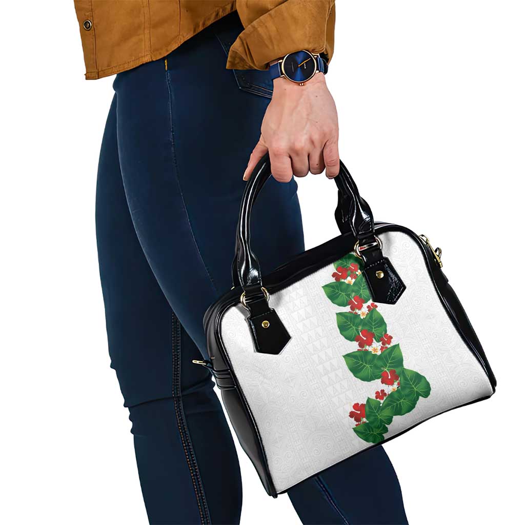Hawaiian Taro Leaves-Hibiscus and Plumeria Shoulder Handbag Polynesian Art-Kakau Tattoo White LT03 - Polynesian Pride