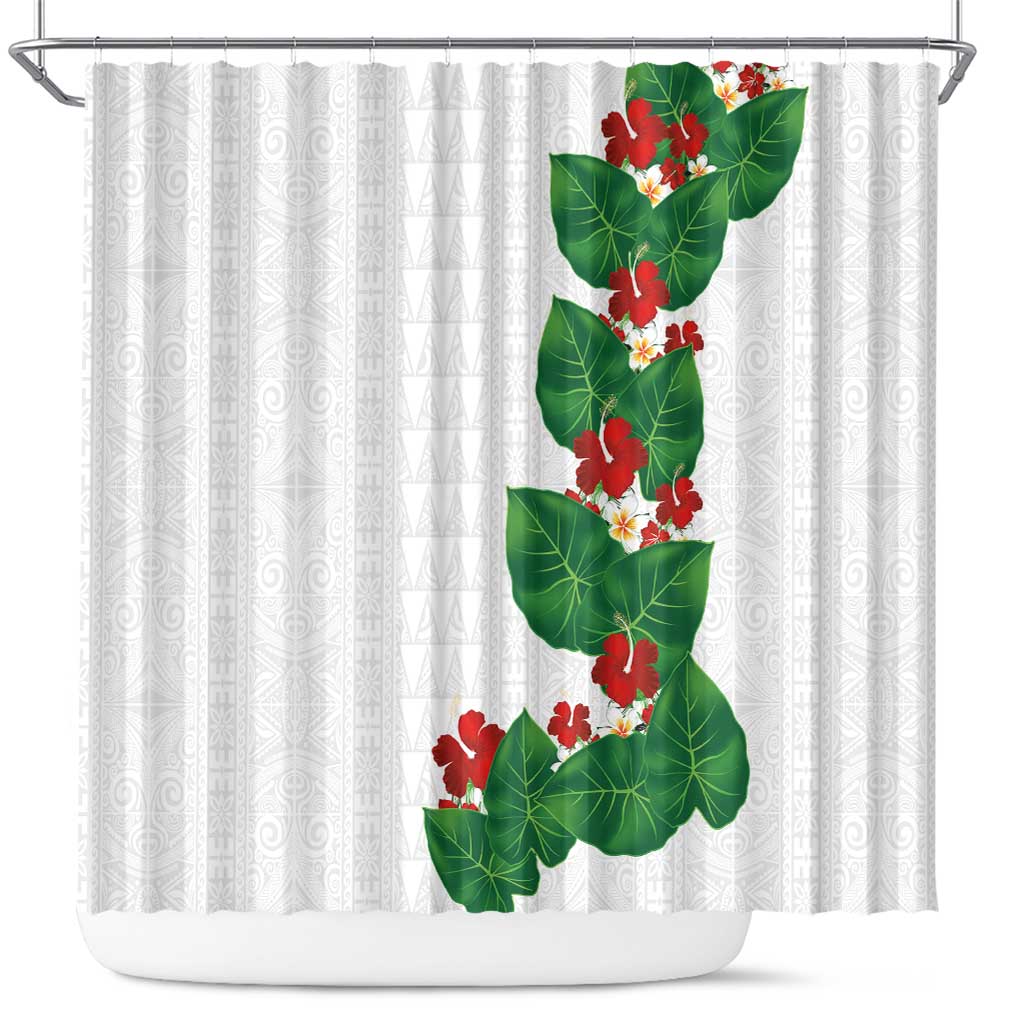 Hawaiian Taro Leaves-Hibiscus and Plumeria Shower Curtain Polynesian Art-Kakau Tattoo White LT03 White - Polynesian Pride