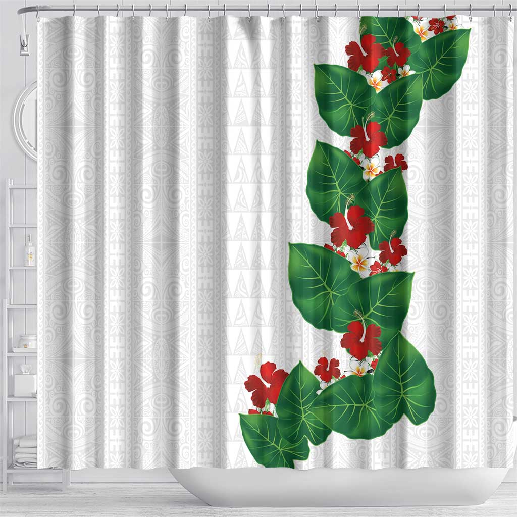 Hawaiian Taro Leaves-Hibiscus and Plumeria Shower Curtain Polynesian Art-Kakau Tattoo White LT03 - Polynesian Pride