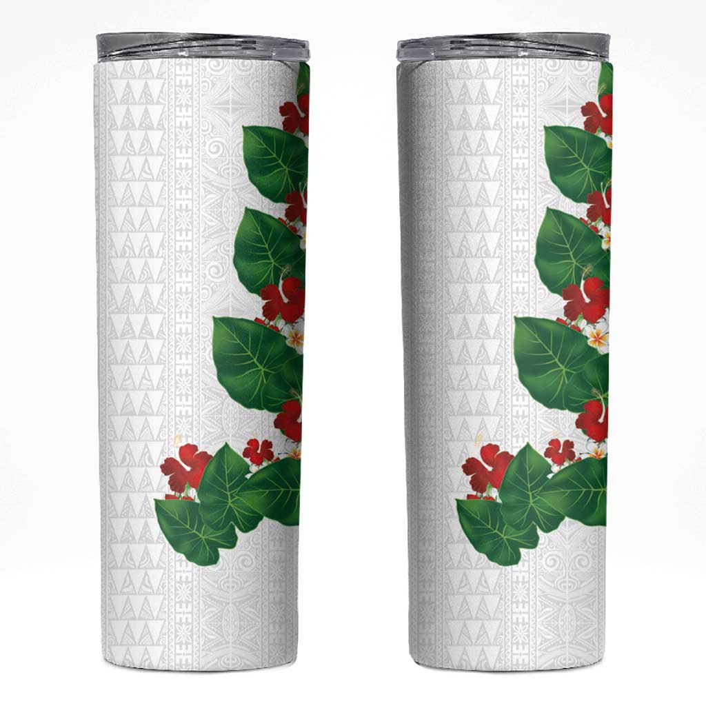 Hawaiian Taro Leaves-Hibiscus and Plumeria Skinny Tumbler Polynesian Art-Kakau Tattoo White LT03 White - Polynesian Pride
