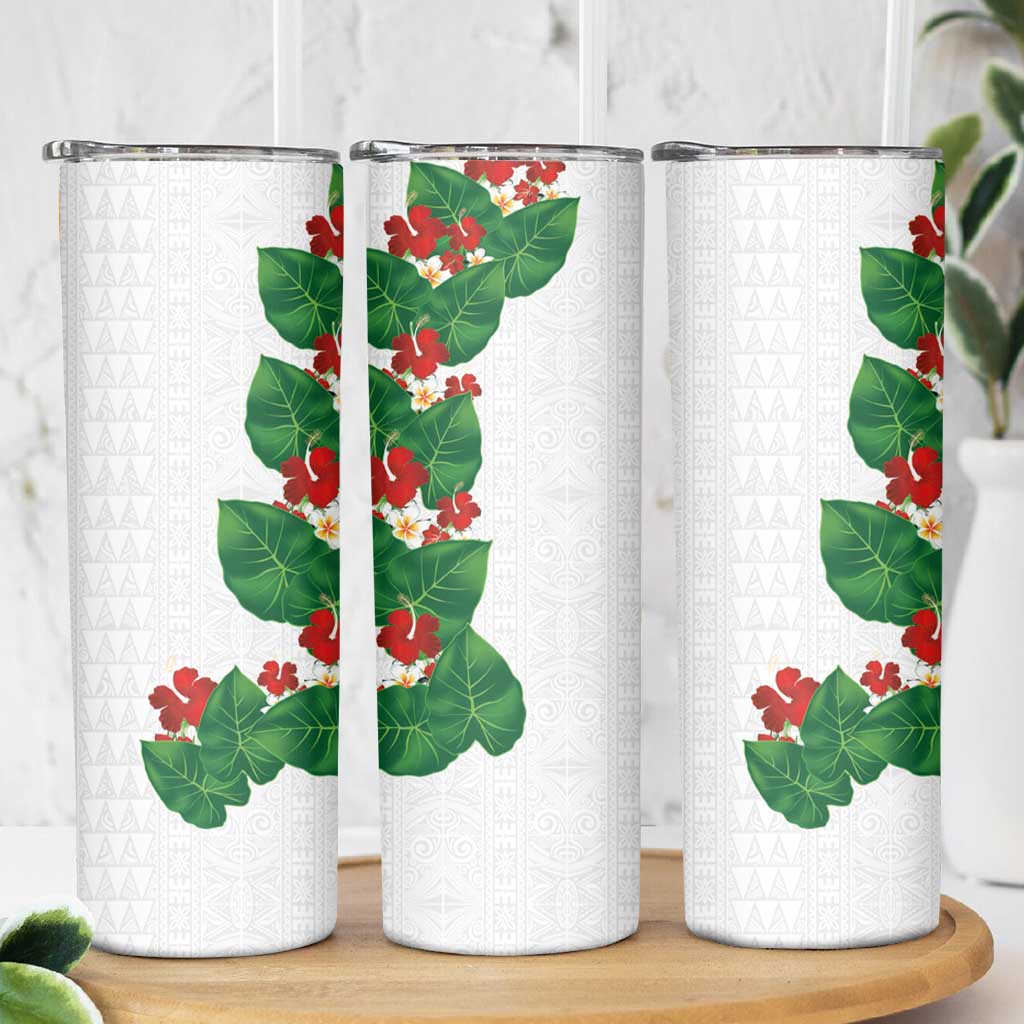 Hawaiian Taro Leaves-Hibiscus and Plumeria Skinny Tumbler Polynesian Art-Kakau Tattoo White LT03 - Polynesian Pride