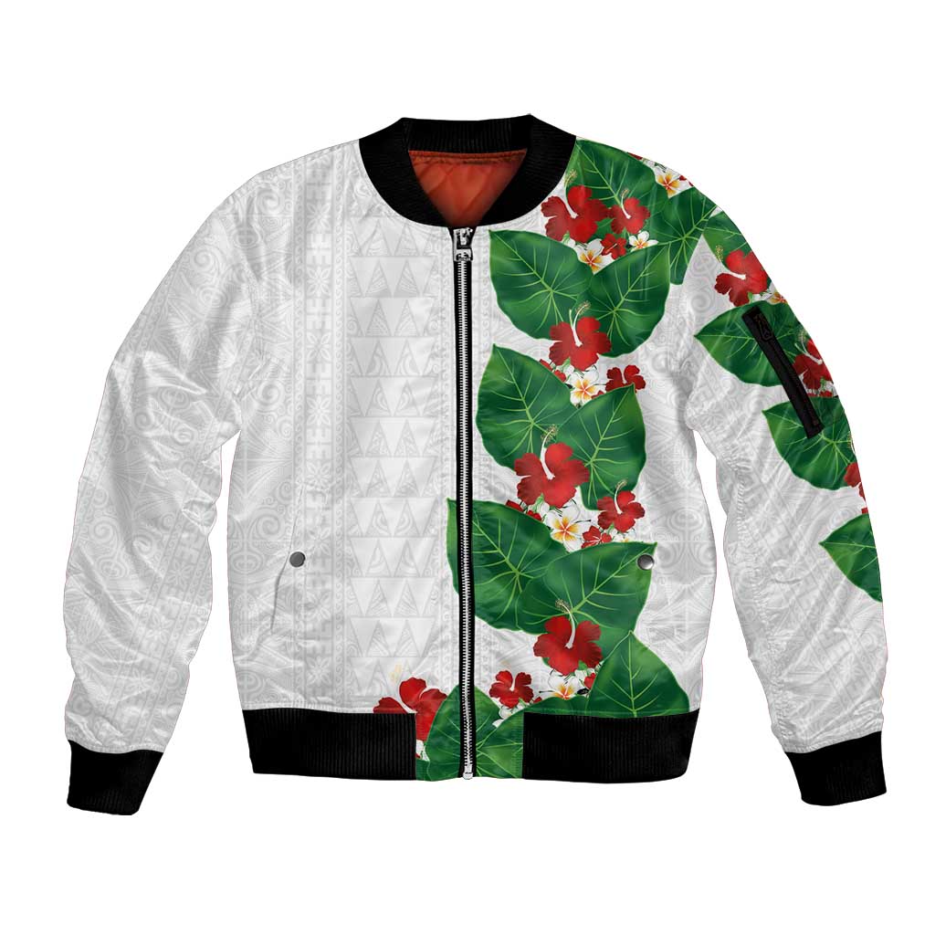 Hawaiian Taro Leaves-Hibiscus and Plumeria Sleeve Zip Bomber Jacket Polynesian Art-Kakau Tattoo White
