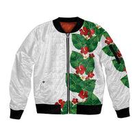 Hawaiian Taro Leaves-Hibiscus and Plumeria Sleeve Zip Bomber Jacket Polynesian Art-Kakau Tattoo White LT03 Unisex White - Polynesian Pride