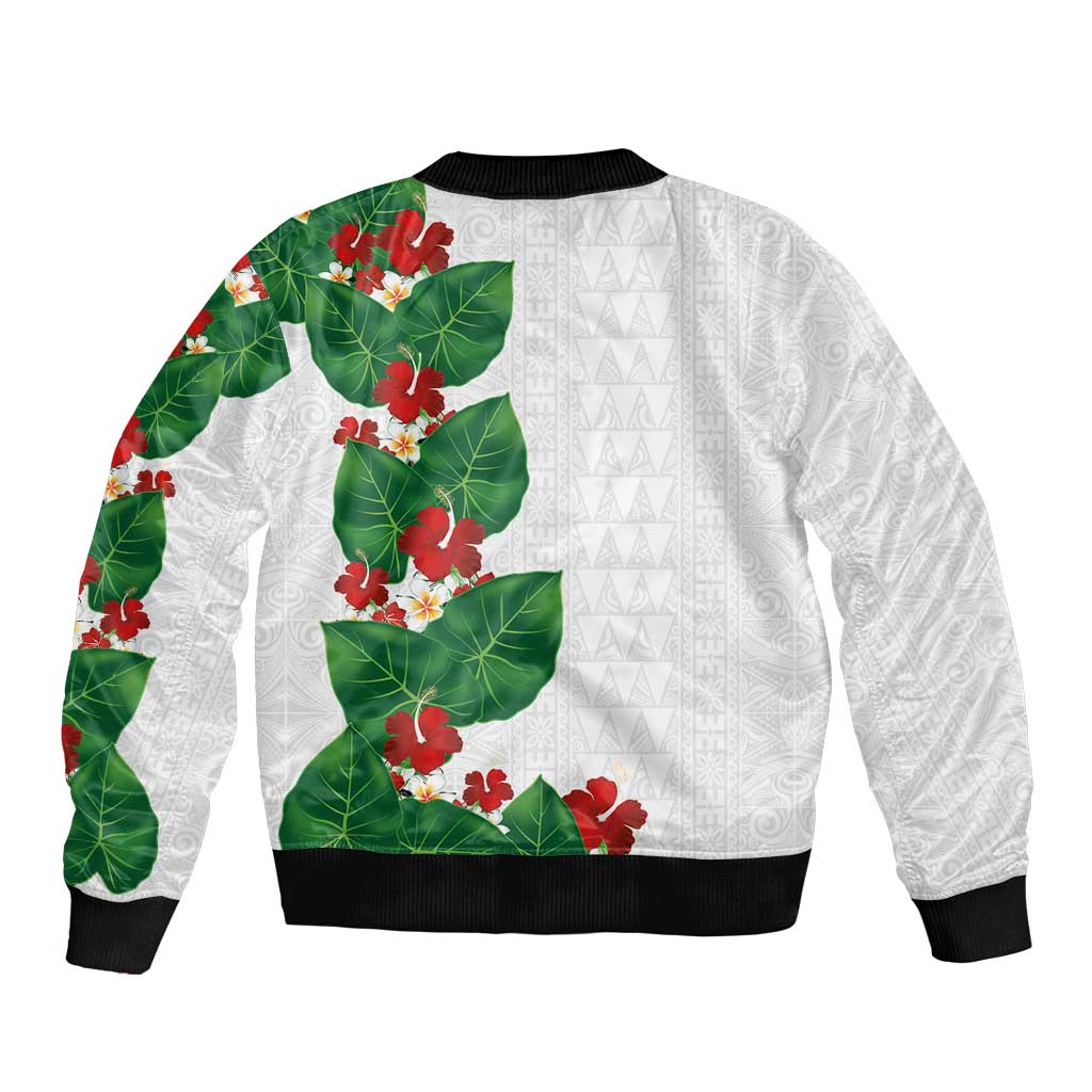 Hawaiian Taro Leaves-Hibiscus and Plumeria Sleeve Zip Bomber Jacket Polynesian Art-Kakau Tattoo White LT03 - Polynesian Pride