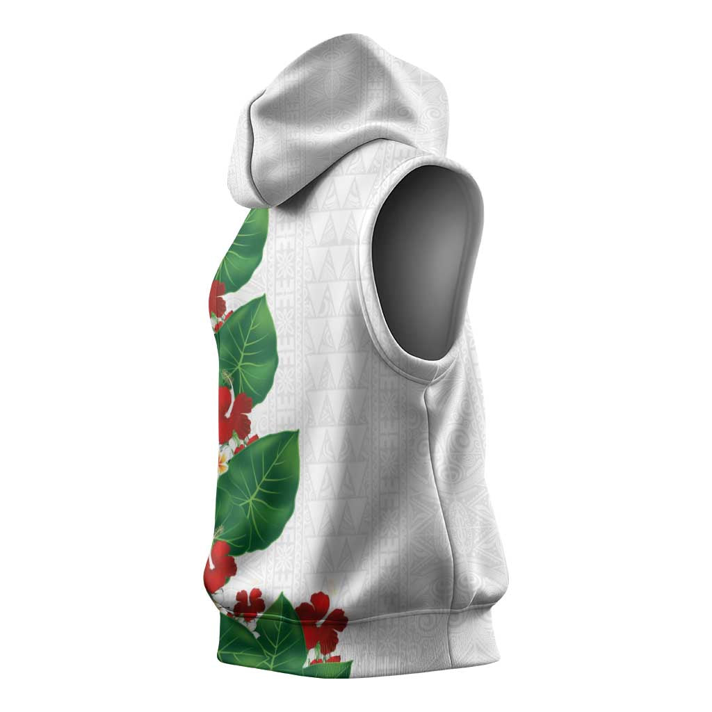 Hawaiian Taro Leaves-Hibiscus and Plumeria Sleeveless Hoodie Polynesian Art-Kakau Tattoo White
