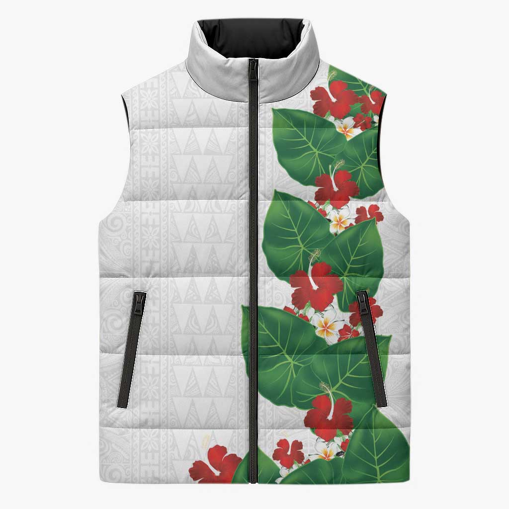 Hawaiian Taro Leaves-Hibiscus and Plumeria Sleeveless Puffer Jacket Polynesian Art-Kakau Tattoo White LT03 Unisex White - Polynesian Pride