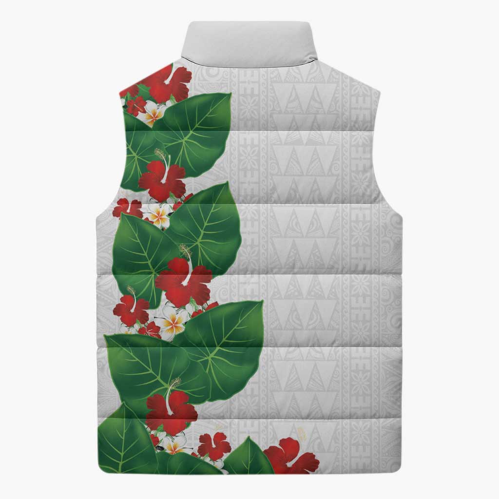 Hawaiian Taro Leaves-Hibiscus and Plumeria Sleeveless Puffer Jacket Polynesian Art-Kakau Tattoo White LT03 - Polynesian Pride
