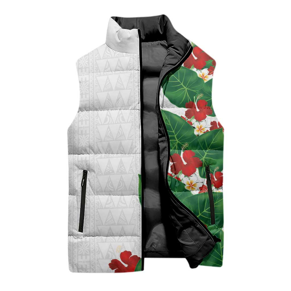 Hawaiian Taro Leaves-Hibiscus and Plumeria Sleeveless Puffer Jacket Polynesian Art-Kakau Tattoo White LT03 - Polynesian Pride