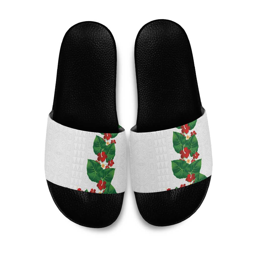 Hawaiian Taro Leaves-Hibiscus and Plumeria Slide Sandals Polynesian Art-Kakau Tattoo White LT03 White - Polynesian Pride