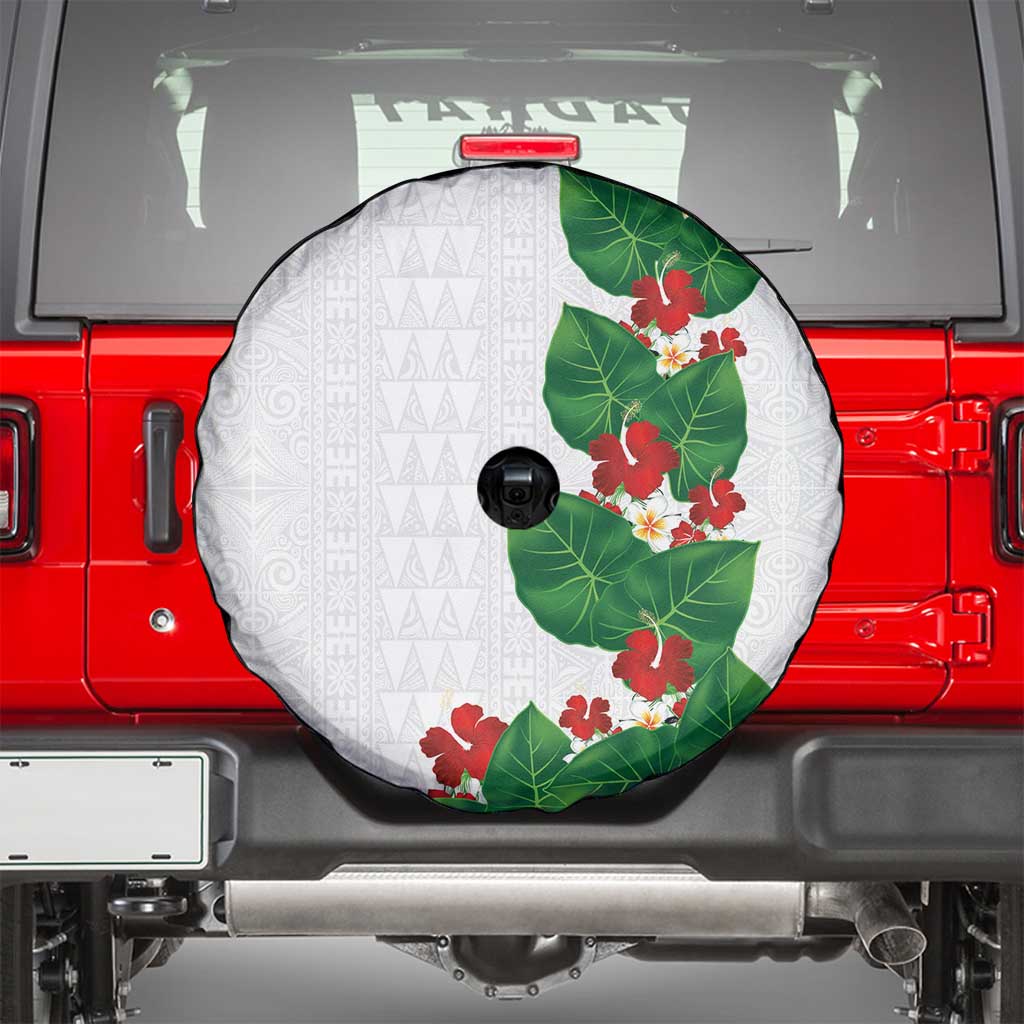 Hawaiian Taro Leaves-Hibiscus and Plumeria Spare Tire Cover Polynesian Art-Kakau Tattoo White