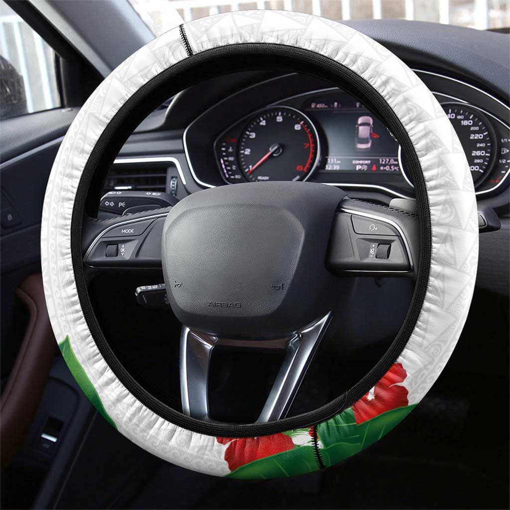 Hawaiian Taro Leaves-Hibiscus and Plumeria Steering Wheel Cover Polynesian Art-Kakau Tattoo White LT03 - Polynesian Pride