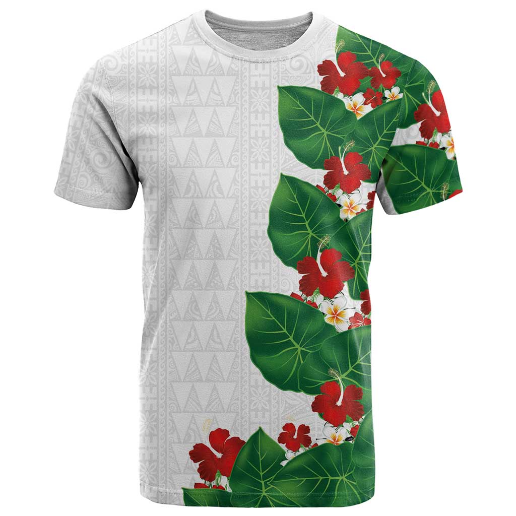 Hawaiian Taro Leaves-Hibiscus and Plumeria T Shirt Polynesian Art-Kakau Tattoo White LT03 White - Polynesian Pride