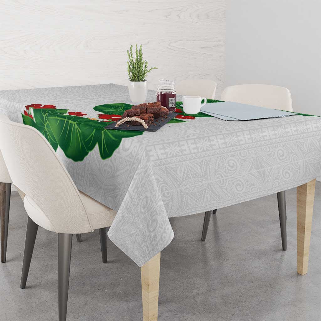 Hawaiian Taro Leaves-Hibiscus and Plumeria Tablecloth Polynesian Art-Kakau Tattoo White LT03 - Polynesian Pride