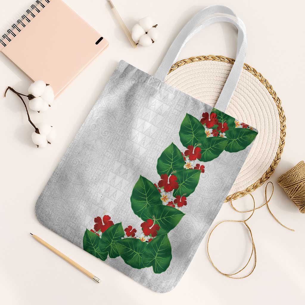 Hawaiian Taro Leaves-Hibiscus and Plumeria Tote Bag Polynesian Art-Kakau Tattoo White LT03 White Strap One Size White - Polynesian Pride