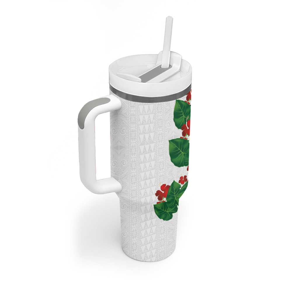 Hawaiian Taro Leaves-Hibiscus and Plumeria Tumbler With Handle Polynesian Art-Kakau Tattoo White LT03 - Polynesian Pride