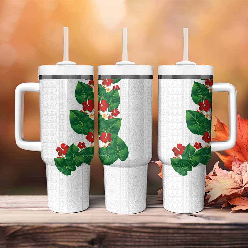 Hawaiian Taro Leaves-Hibiscus and Plumeria Tumbler With Handle Polynesian Art-Kakau Tattoo White LT03 - Polynesian Pride