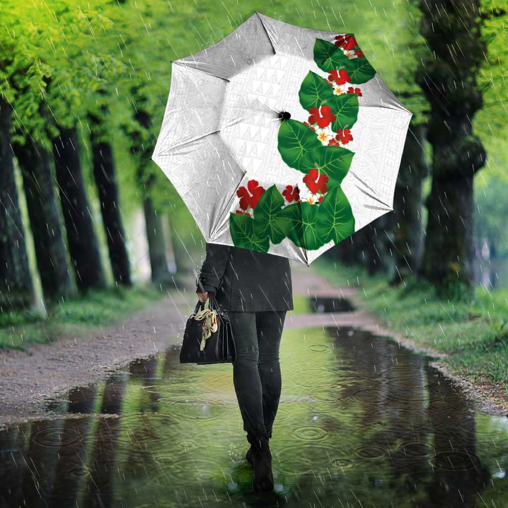 Hawaiian Taro Leaves-Hibiscus and Plumeria Umbrella Polynesian Art-Kakau Tattoo White LT03 - Polynesian Pride