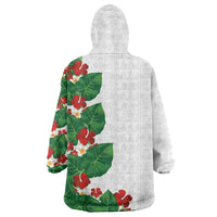 Hawaiian Taro Leaves-Hibiscus and Plumeria Wearable Blanket Hoodie Polynesian Art-Kakau Tattoo White