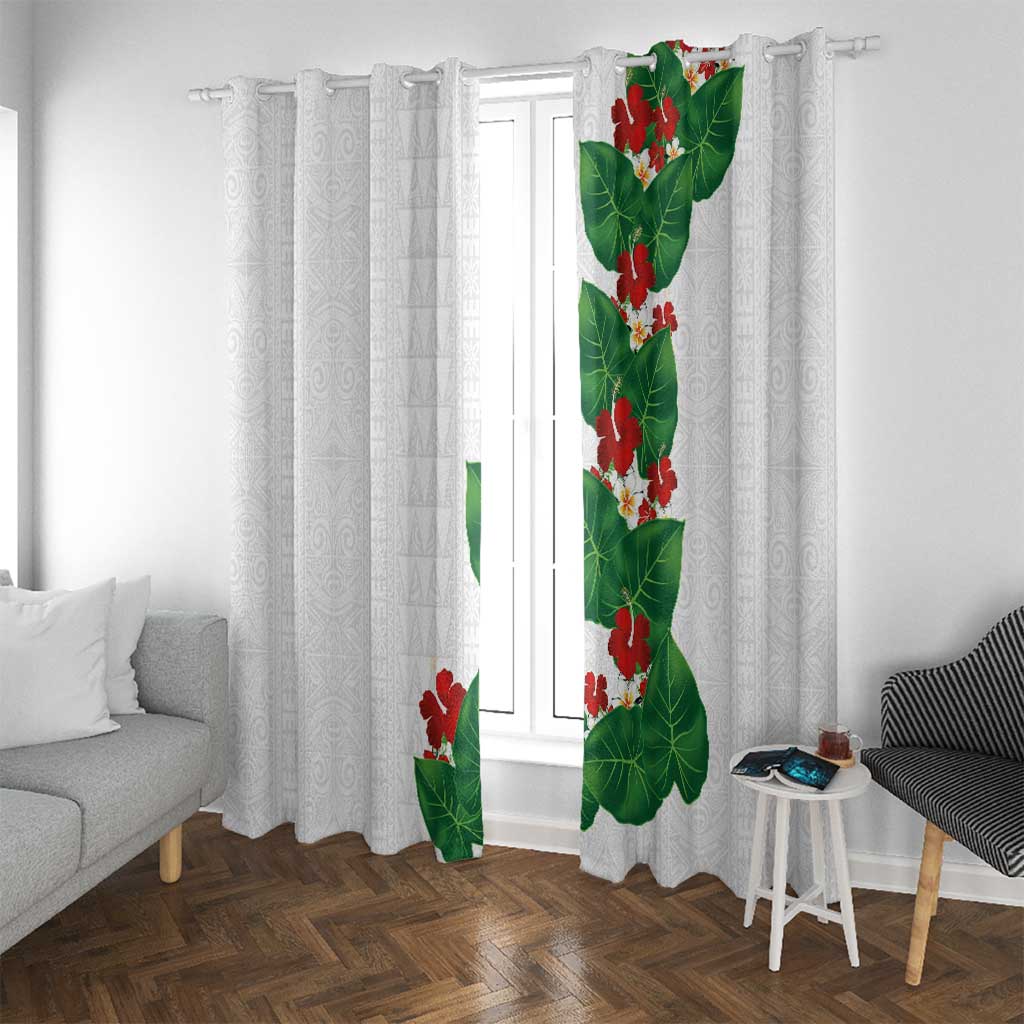 Hawaiian Taro Leaves-Hibiscus and Plumeria Window Curtain Polynesian Art-Kakau Tattoo White LT03 With Grommets White - Polynesian Pride