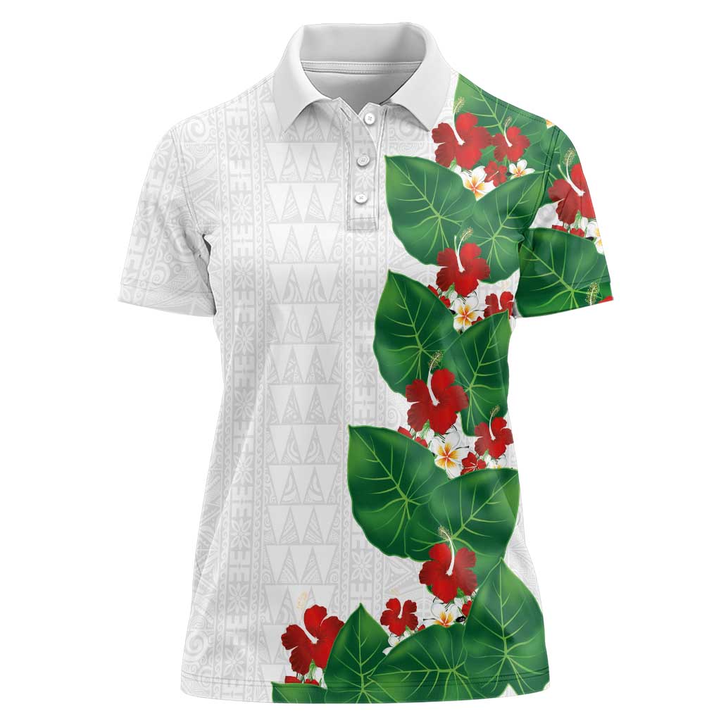 Hawaiian Taro Leaves-Hibiscus and Plumeria Women Polo Shirt Polynesian Art-Kakau Tattoo White