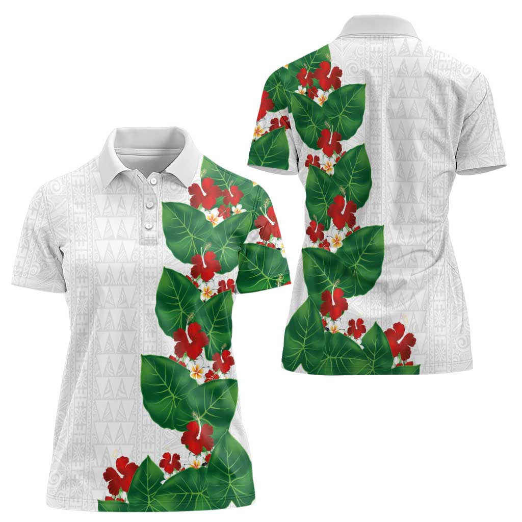 Hawaiian Taro Leaves-Hibiscus and Plumeria Women Polo Shirt Polynesian Art-Kakau Tattoo White LT03 - Polynesian Pride